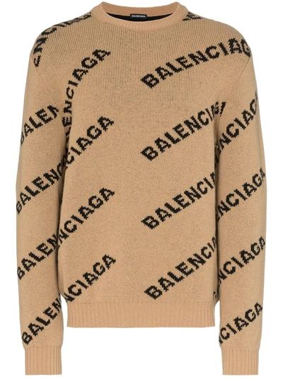 Shop Balenciaga Allover Logo Crew-neck Jumper In Brown