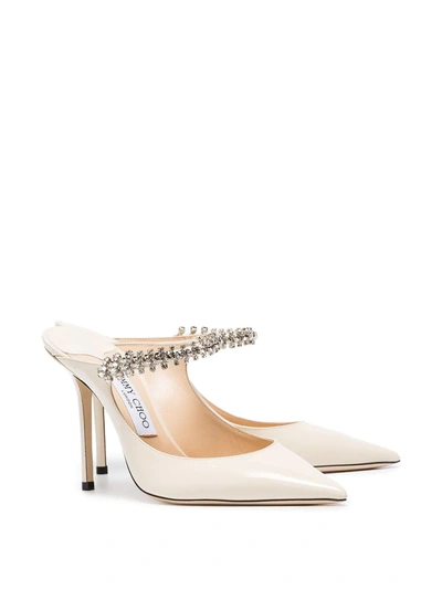Shop Jimmy Choo Linen White Bing 100 Crystal Anklet Patent Leather Mules In Neutrals
