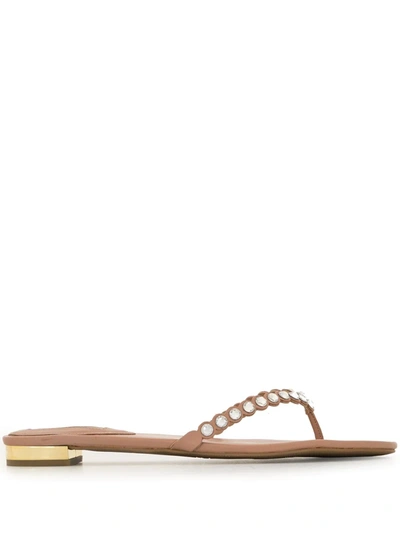 Aquazzura Tequila Crystal Embellished Leather Flip Flops In Neutral Modesens