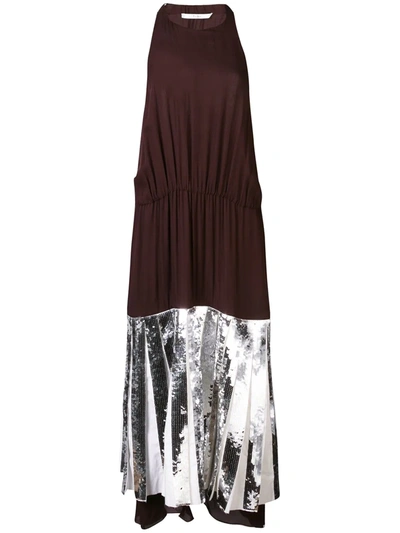 Shop Tibi Claude Sequin Panel Halterneck Dress In Brown