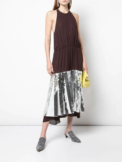 Shop Tibi Claude Sequin Panel Halterneck Dress In Brown