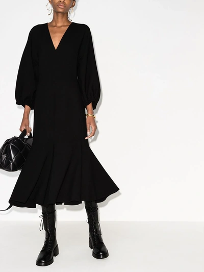 Shop Valentino Gathered-sleeve V-neck Midi Dress In Black