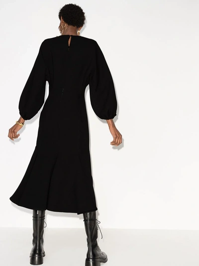 Shop Valentino Gathered-sleeve V-neck Midi Dress In Black