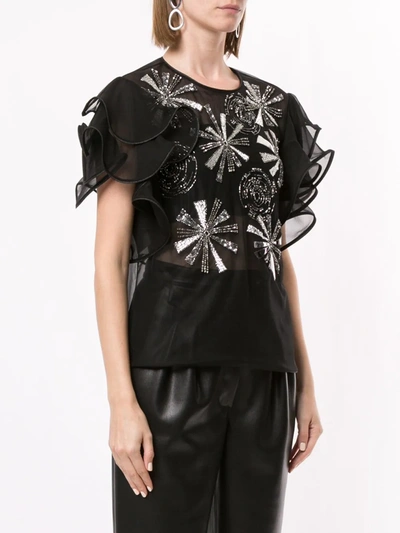 Shop Alberta Ferretti Embroidered Ruffle Sleeve Blouse In Black