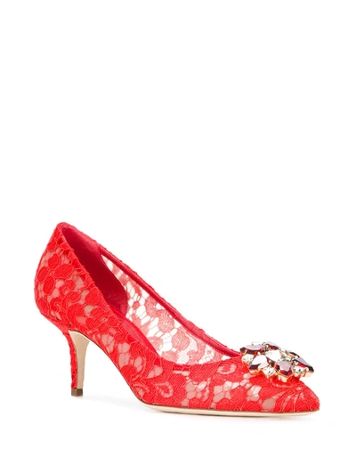 Dolce & Gabbana Bellucci 60 Brooch Embellished Lace Pumps In Red