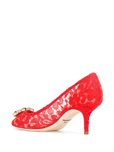 Dolce & Gabbana Bellucci 60 Brooch Embellished Lace Pumps In Red