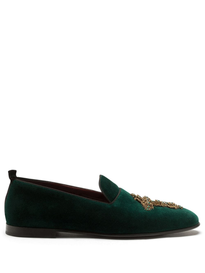 Shop Dolce & Gabbana Embellished Velvet Loafers In Green