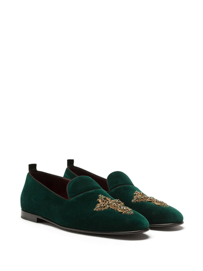 Dolce & Gabbana Velvet Slippers With Embroidery In Green