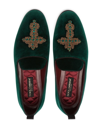 Dolce & Gabbana Velvet Slippers With Embroidery In Green