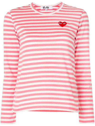 Shop Comme Des Garçons Play Striped Logo-patch Long Sleeved T-shirt In Pink