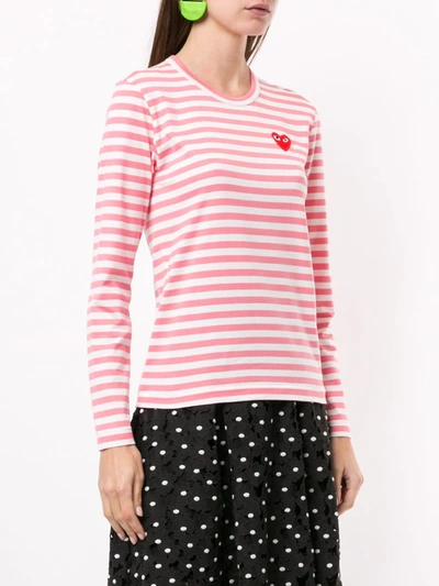 Shop Comme Des Garçons Play Striped Logo-patch Long Sleeved T-shirt In Pink