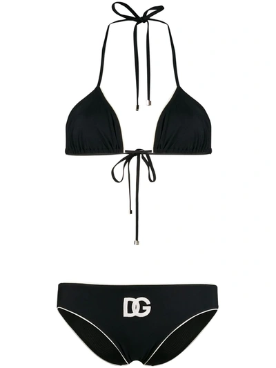 Shop Dolce & Gabbana Dg Print Contrasting Trim Bikini In Black