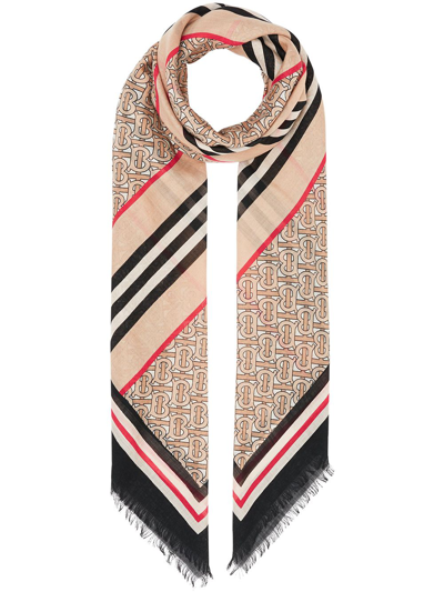 Shop Burberry Icon Stripe Monogram Scarf In Neutrals