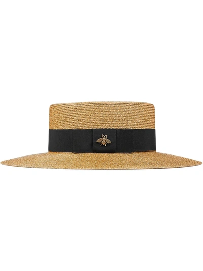 Shop Gucci Bee-detail Lamé Boater Hat In Brown