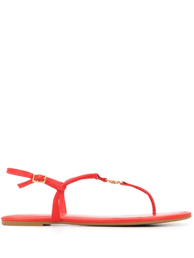 Shop Tory Burch Logo Medallion Leather Sandals In Red