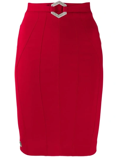 Philipp Plein Stretch-cady Fitted Skirt In Red