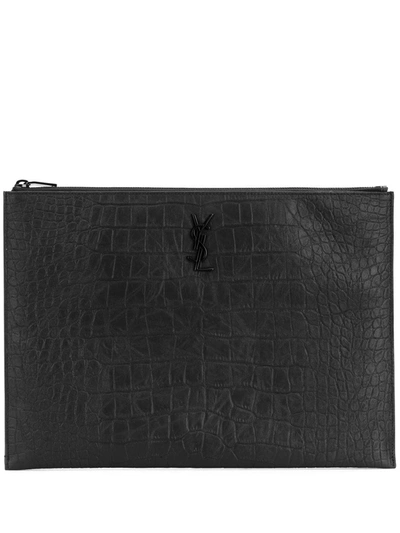 Shop Saint Laurent Monogram Crocodile-effect Pouch In Black
