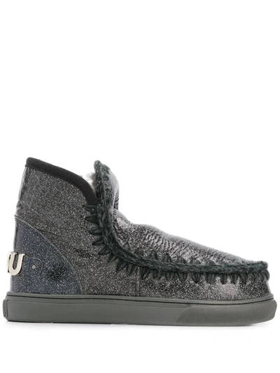 Mou Crochet Stitch-trim Glitter Sneaker Boots In Black