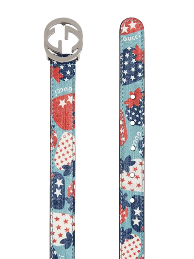 Shop Gucci Double G Strawberry-print Belt In Blue