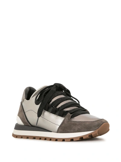 Shop Brunello Cucinelli Metallic Panelled Lace-up Trainers In Silver