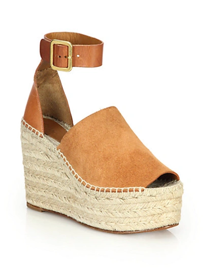 Shop Chloé Suede & Leather Espadrille Wedge Sandals In Tan