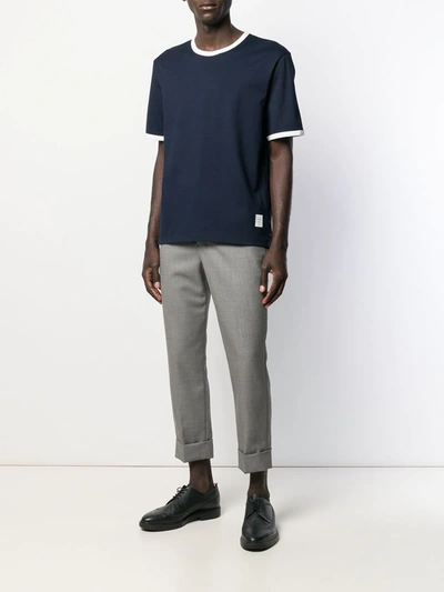Thom Browne Mens Navy Ringer Brand-patch Stretch-wool T-shirt In Blue