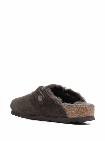 Birkenstock Khaki-green Suede Boston Shearling Mules In Green
