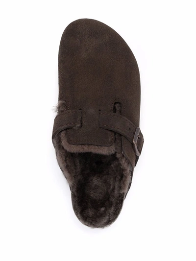 Birkenstock Khaki-green Suede Boston Shearling Mules In Green