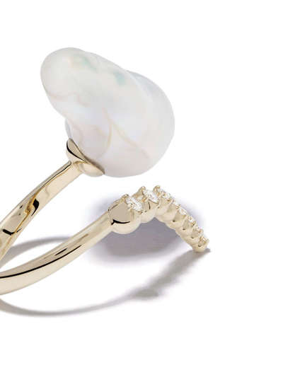 14KT YELLOW GOLD CURVED DIAMOND AND PEARL RING