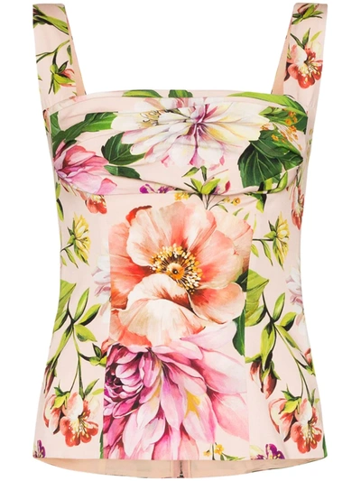 Shop Dolce & Gabbana Gathered Floral-print Silk-blend Top In Neutrals