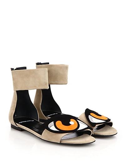 Shop Pierre Hardy Eye-detail Suede & Leather Flat Sandals In Beige