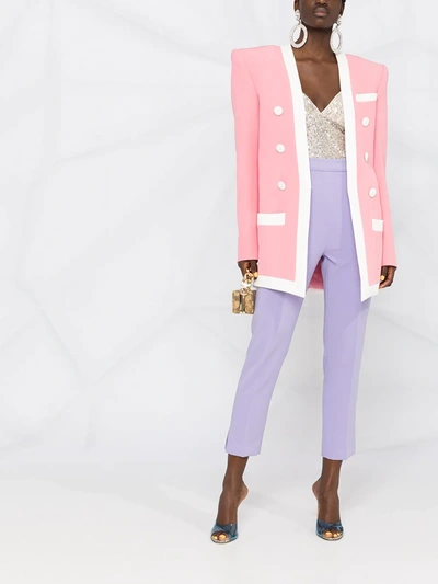 Shop Balmain Contrasting-trim Structured-shoulder Blazer In Pink