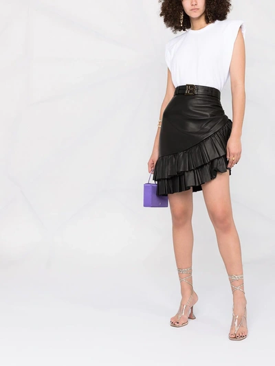 Shop Balmain Short Asymmetric Ruffled Leather Skirt In Black