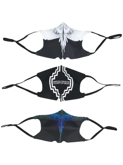 Marcelo Burlon County Of Milan Wings Print Face Masks (pack Of 3) In Black