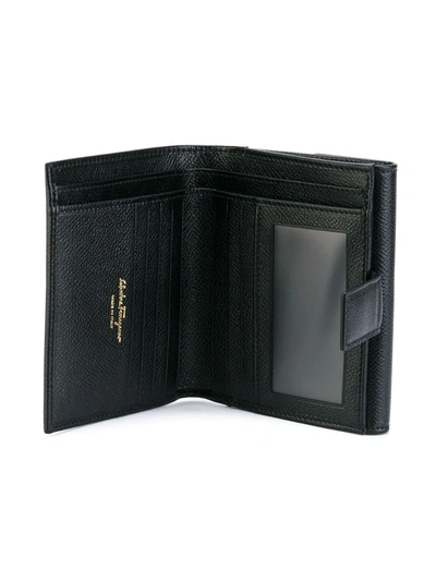Ferragamo Hammered Leather Gold Gancini Compact Wallet In Black