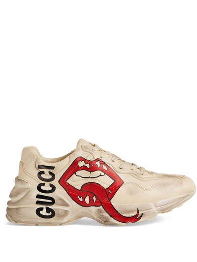 Gucci Men's Rhyton Leather Sneakers With Mouth Print In White