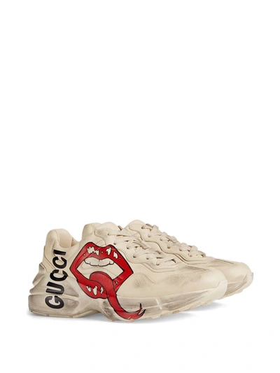 Gucci Men's Rhyton Leather Sneakers With Mouth Print In White