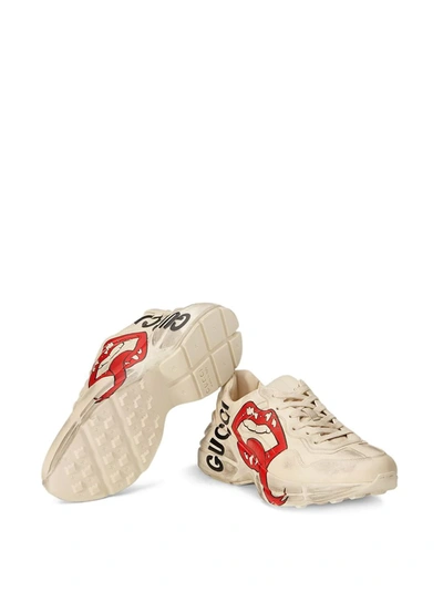 Gucci Men's Rhyton Leather Sneakers With Mouth Print In White