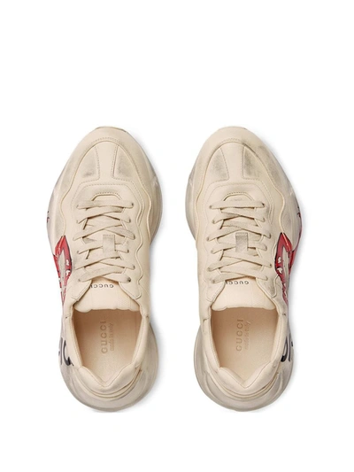 Gucci Men's Rhyton Leather Sneakers With Mouth Print In White