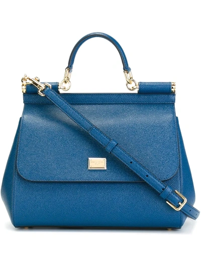 Shop Dolce & Gabbana Medium Sicily Leather Top-handle Ba In Blue