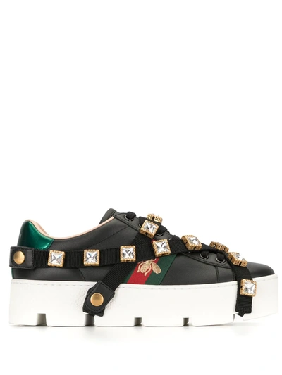 Shop Gucci Ace Embroidered Platform Sneakers In Black