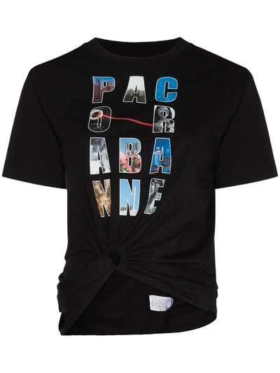 Shop Paco Rabanne Gathered-detail Logo-print T-shirt In Black