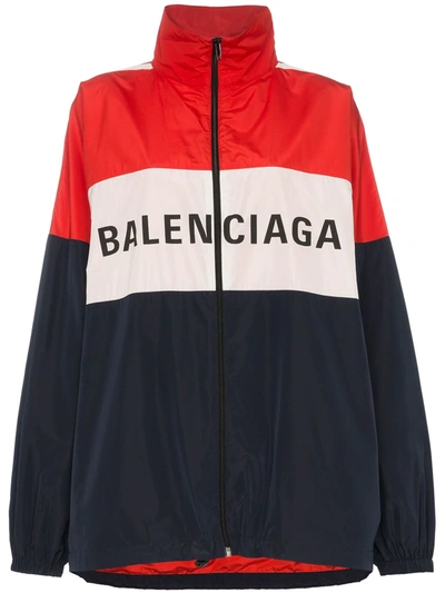 Shop Balenciaga Logo Colourblock Windbreaker In Blue