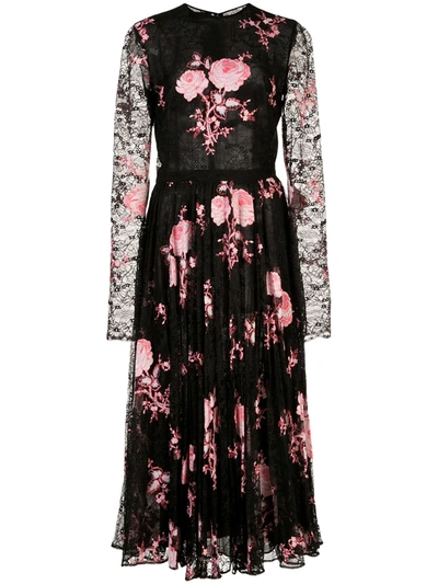 Giambattista Valli Floral Embroidered Pleated Skirt Dress In Black