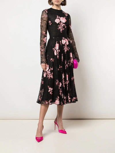 Giambattista Valli Floral Embroidered Pleated Skirt Dress In Black
