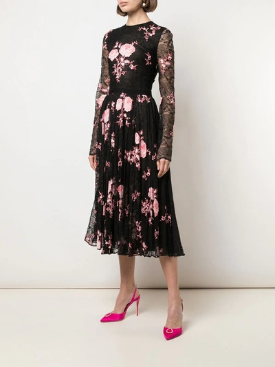 Giambattista Valli Floral Embroidered Pleated Skirt Dress In Black