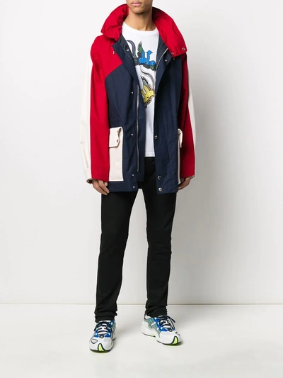 Kenzo Long Colour Block Parka Jacket In Blue