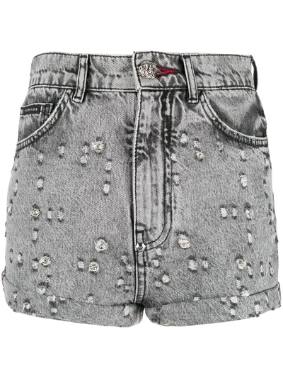 Shop Philipp Plein Studded Denim Shorts In Black