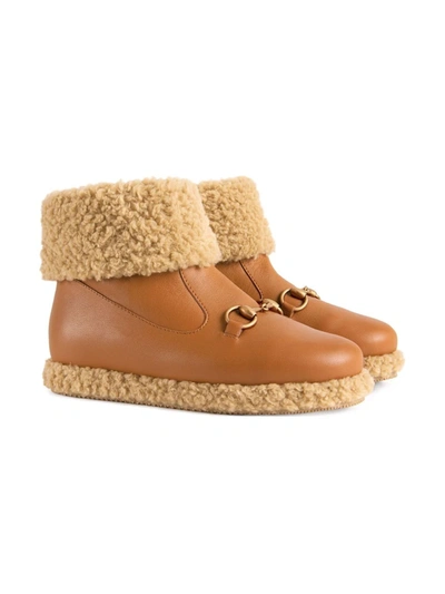 Shop Gucci Horsebit-detail Shearling-trim Boots In Brown