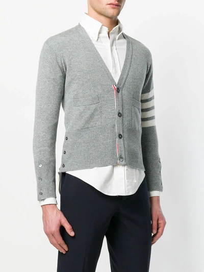 Shop Thom Browne Short V-neck Cardigan With 4-bar Stripe In Light Grey Cashmere